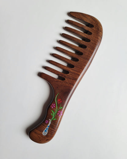 Flower vase wood comb with impressionist floral motif — unique handcrafted gift for women