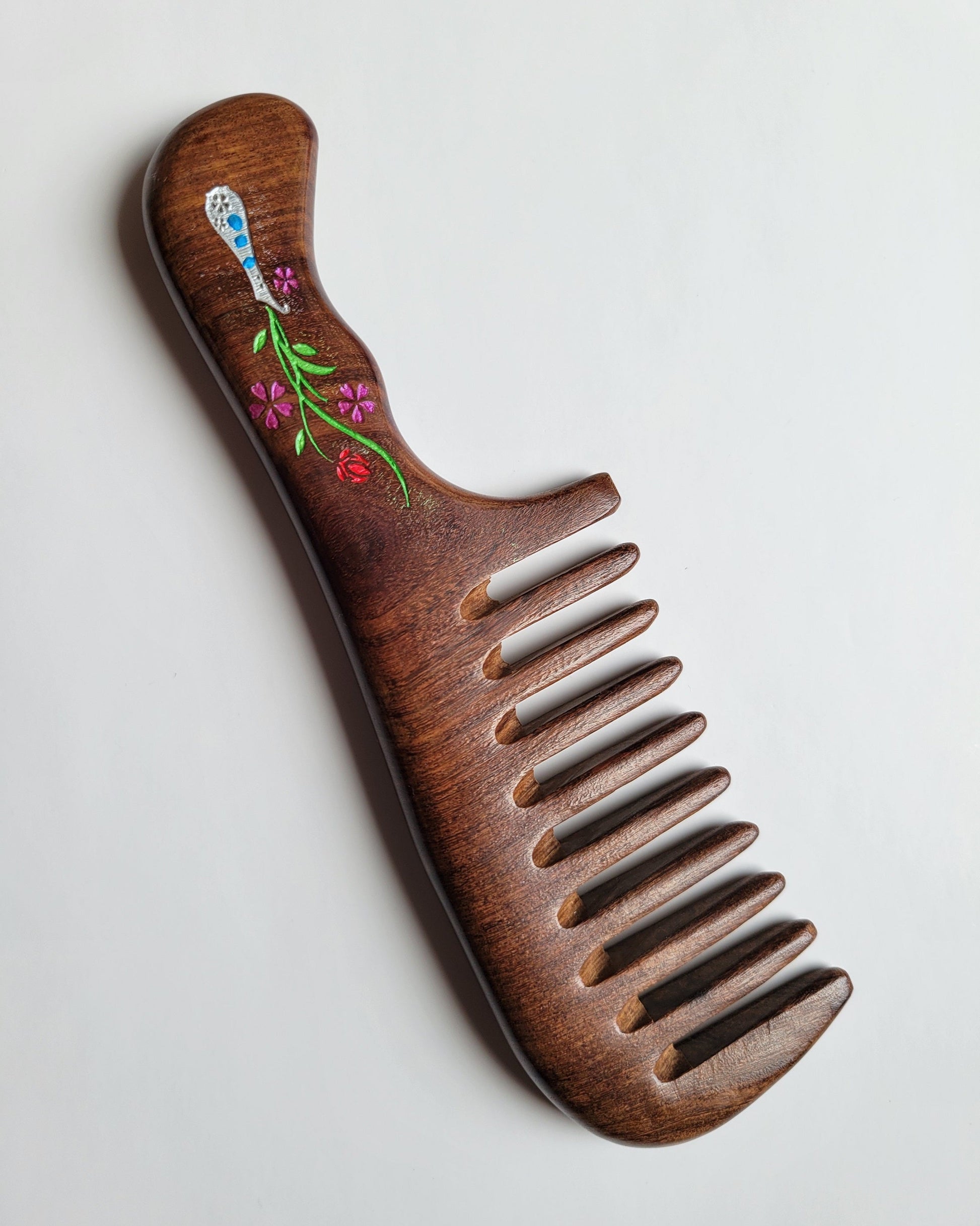 Hand-painted impressionist garden wood comb — extra wide teeth for healthy hair care, unique gift for her