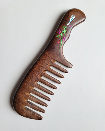 Natural hair care Sucupira wood comb — green and pink hand-painted garden floral motif, sustainable beauty, Mother's Day gift