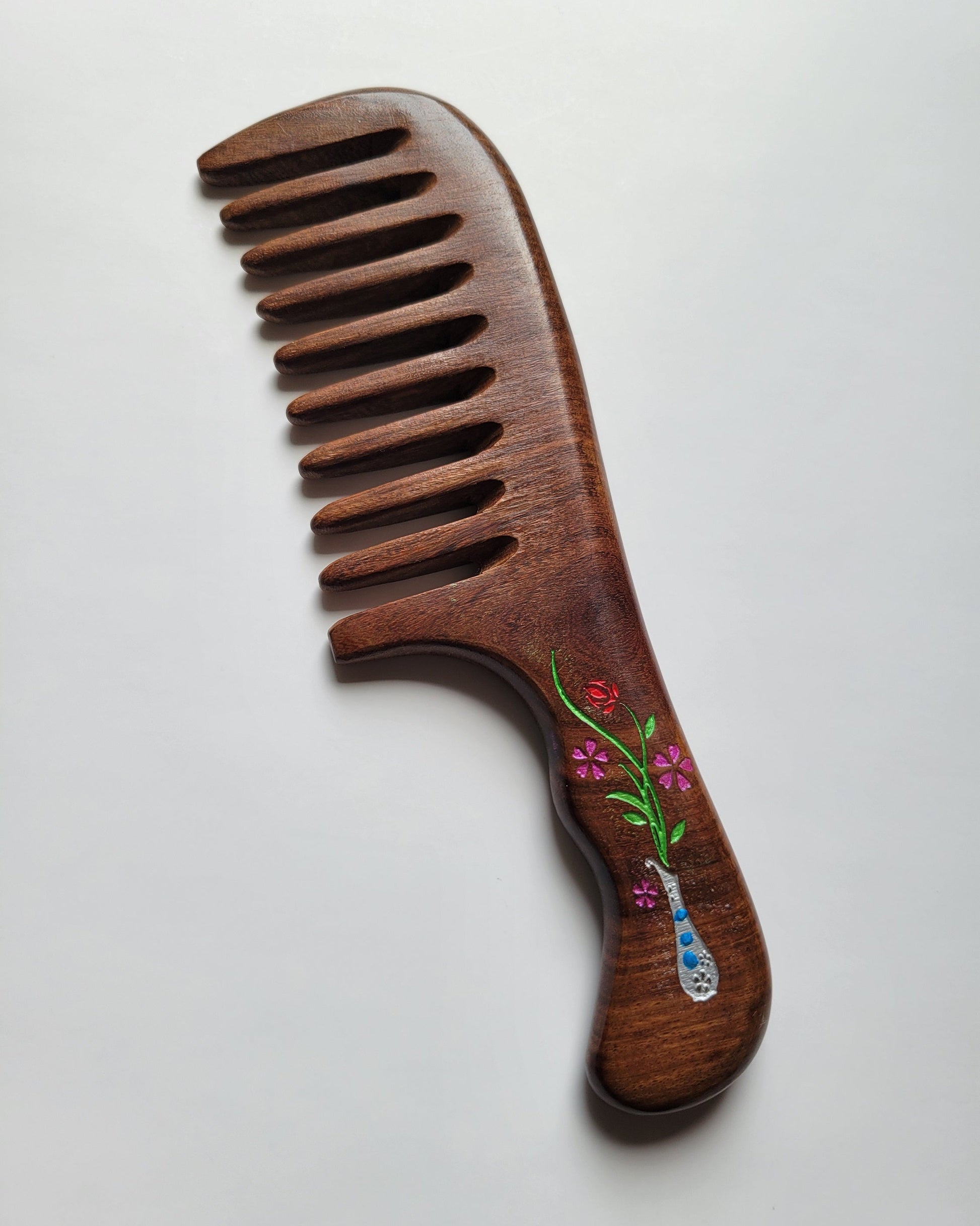Sucupira wood wide-tooth comb with hand-painted flower vase — comfortable grip handle, detangling comb for women, birthday gift