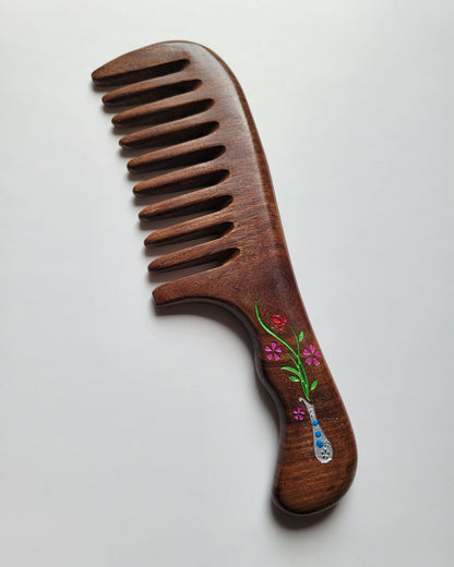 Sucupira wood wide-tooth comb with hand-painted flower vase — comfortable grip handle, detangling comb for women, birthday gift