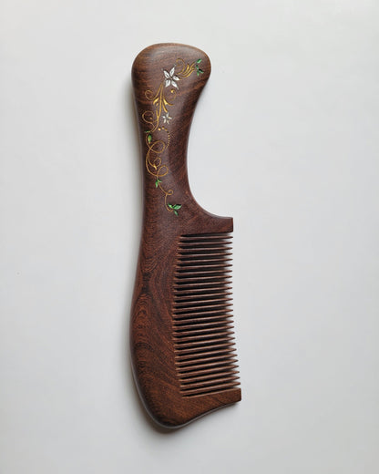 Hand-painted ivy vine Sucupira comb with ergonomic handle — fine teeth, comes with gift bag