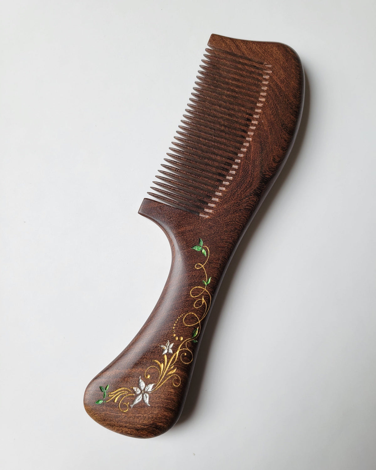 Hand-painted ivy vine wood comb for women — ergonomic handle, Sucupira hardwood fine tooth detangling, anniversary gift