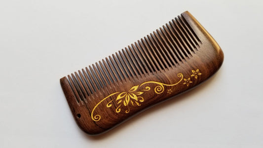 Dark Brown lotus theme wood comb | anti-static and eco-friendly