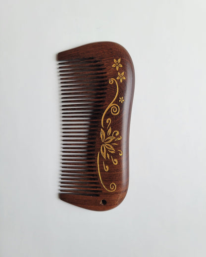 Aiko Lotus Wood Comb side profile — curved handle, fine teeth, vintage-style lotus motif on dark brown hardwood