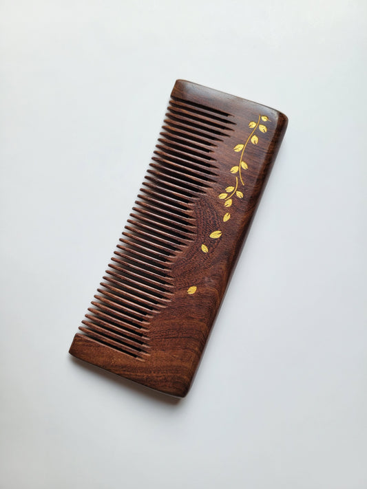 Hand-painted gold ivy vine Sucupira comb — easy grip, comfortable hold, anti-static hardwood for fine straight hair