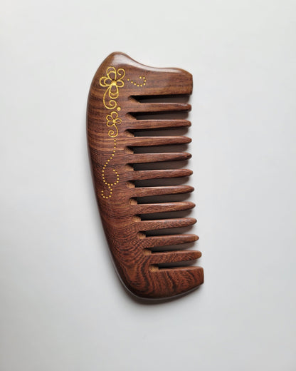 Sucupira hardwood wide tooth comb with gold painted floral vine scroll, anti-static natural wood, detangling comb for curly and wavy hair