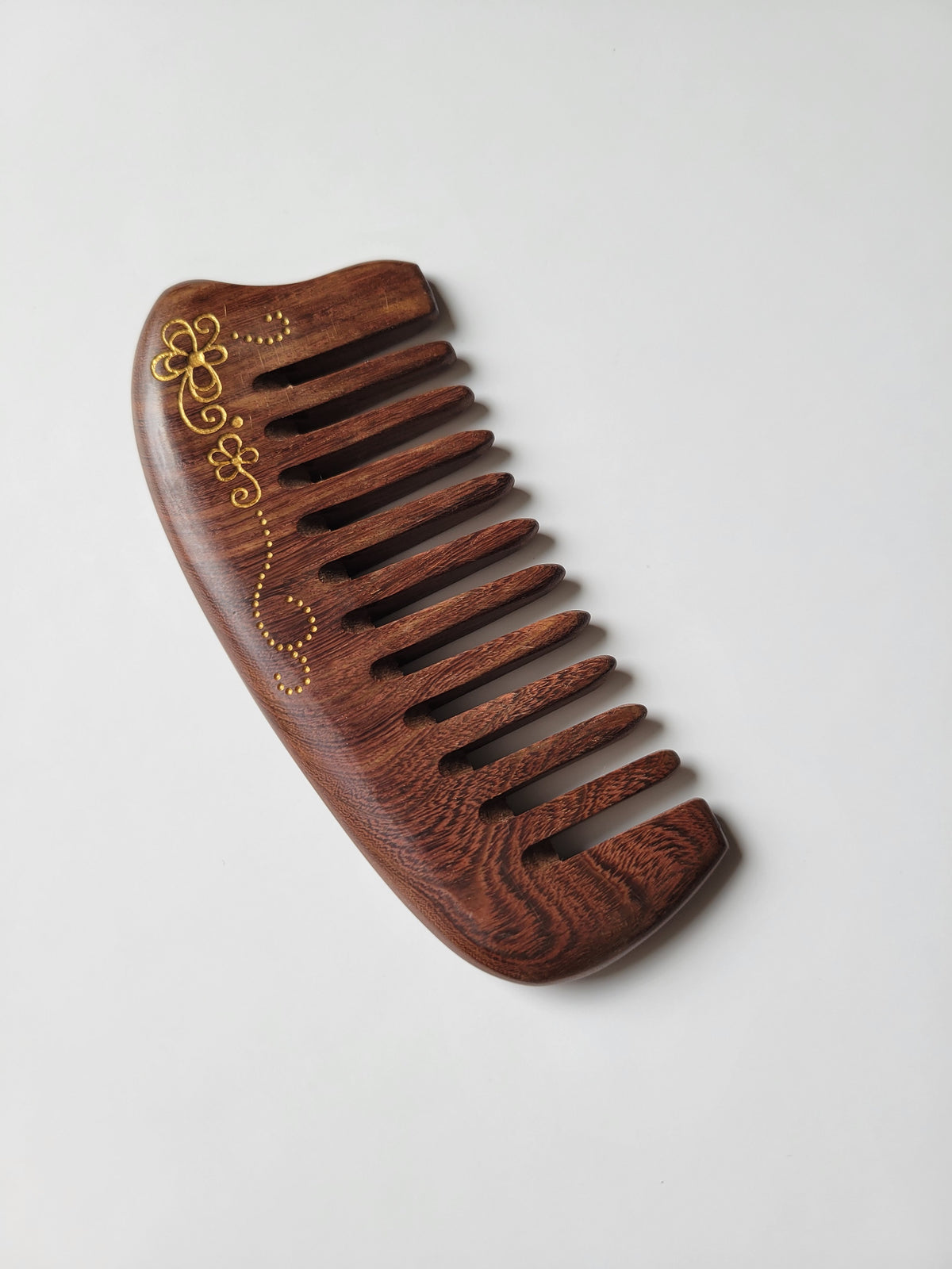 Gold floral scroll wood comb for women, wide teeth for curly thick and wavy hair, feminine painted detail, natural hardwood grooming comb