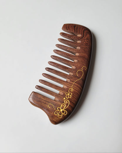 Sucupira wide tooth comb with gold floral vine painting, pocket-sized at 5.5 inches, travel hair comb for long and thick hair