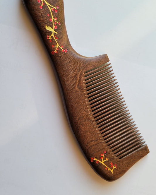 Hand-painted Sucupira wood comb with gold magpie and red plum blossom, Chinese auspicious motif, fine tooth hair comb with handle