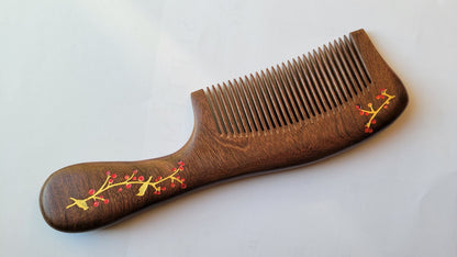 Sucupira hardwood comb with comfortable ergonomic handle, hand-painted Chinese magpie motif, anti-static fine tooth grooming comb