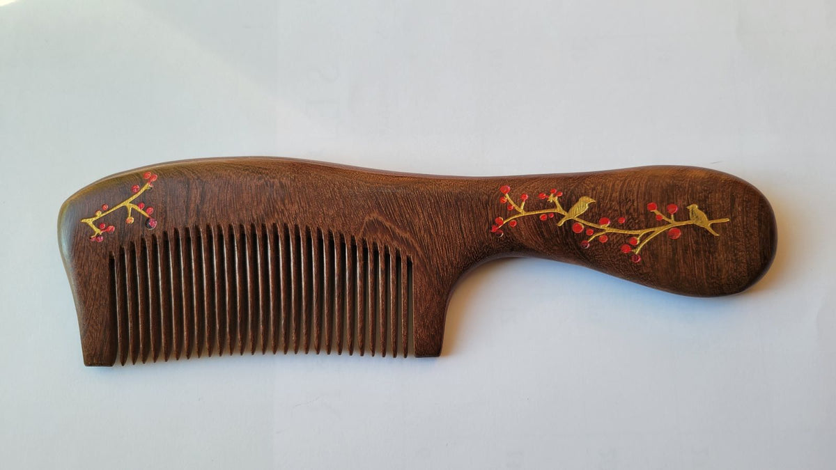 Sucupira wood comb with drawstring gift bag, hand-painted magpie plum blossom, birthday, anniversary, and Christmas gift for her