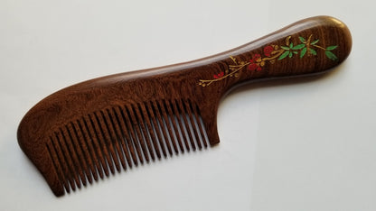 Hand painted red plum blossom wood comb with curved shape and long handle — Arakicrafts
