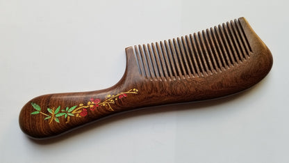 Hand painted Sucupira wood comb nestled in drawstring gift bag — elegant Mother's Day or holiday gift for women — Arakicrafts
