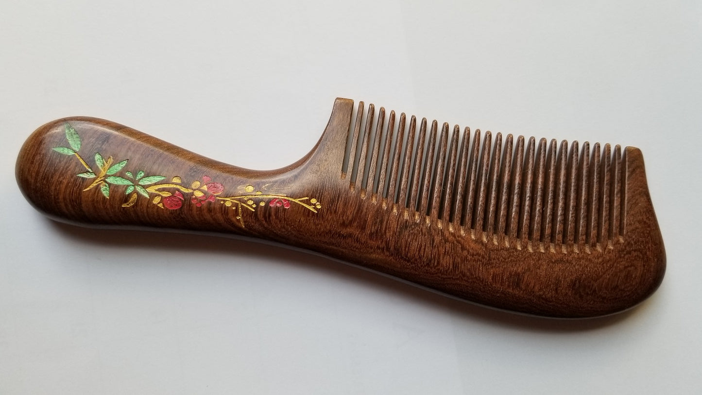 Fine tooth wood comb with red plum blossom motif and gift bag — a meaningful gift for the woman who appreciates natural beauty — Arakicrafts