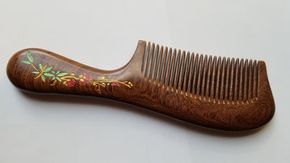 Fine tooth wood comb with red plum blossom motif and gift bag — a meaningful gift for the woman who appreciates natural beauty — Arakicrafts