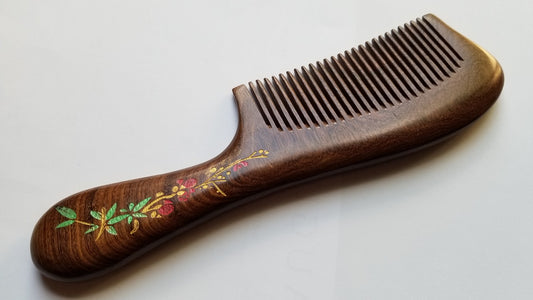 Brown Sucupira hardwood comb with hand painted red plum blossom motif on long handle — Arakicrafts