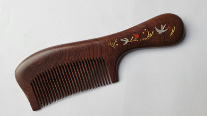 Fine tooth anti-static wood comb for fine and straight hair, flat lay overhead view — Arakicrafts