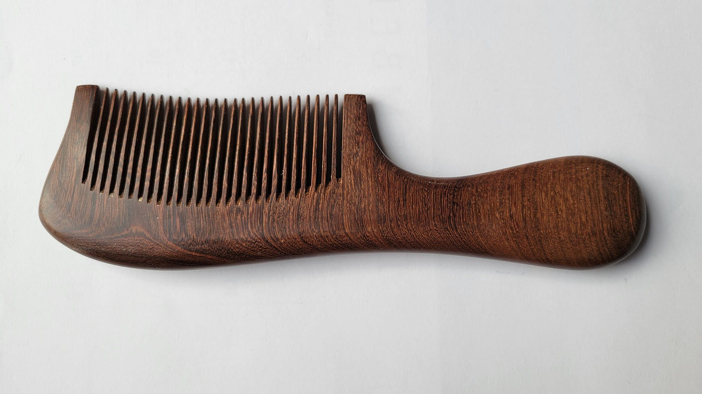 Elegant painted wood comb for women — silver swallows and red flowers on dark Sucupira hardwood — Arakicrafts

