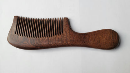 Elegant painted wood comb for women — silver swallows and red flowers on dark Sucupira hardwood — Arakicrafts

