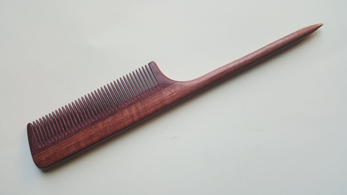 handcrafted rat tail wood comb, purple heart wood, fine teeth, designed for hair styling and beard grooming