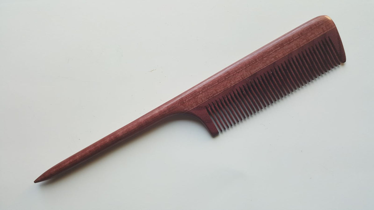 handmade wooded comb with fine teeth, rat tail comb, purple heart wood, perfect for men's grooming and beard care