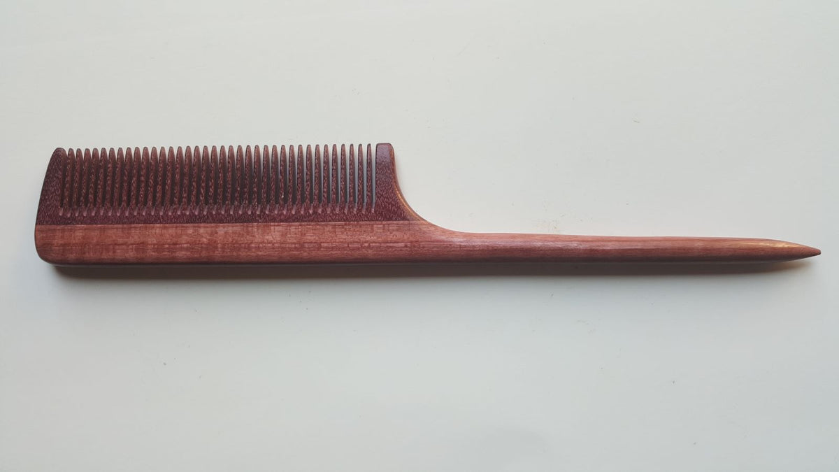 Hand Inlayed Rat tail comb with fine teeth, Purple heart wood, one of kind self care gift