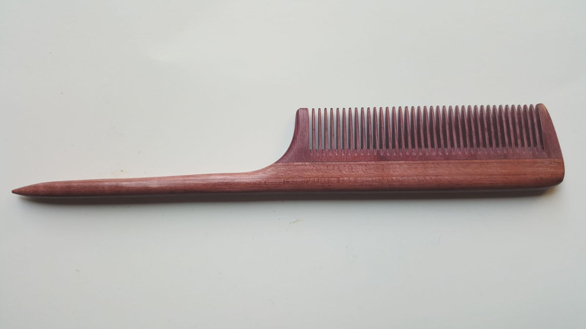 Hand Inlayed Rat tail comb with fine teeth, anti Static Purple heart wood, natural hair care, eco friendly comb