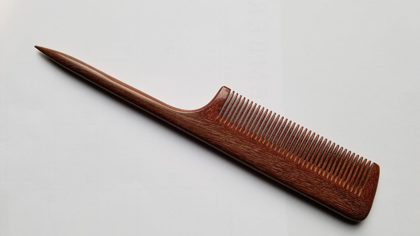 Handcrafted rat tail wood comb with beautiful wood grain pattern, pau rosa wood, fine teeth.  Handmade beard comb, men's beard accessory 