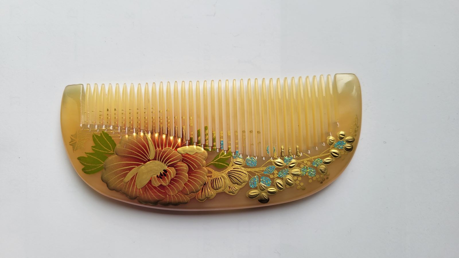 Hand-painted natural lacquer peony sheep horn comb, warm amber translucent horn, coral pink peony with gold and turquoise accents