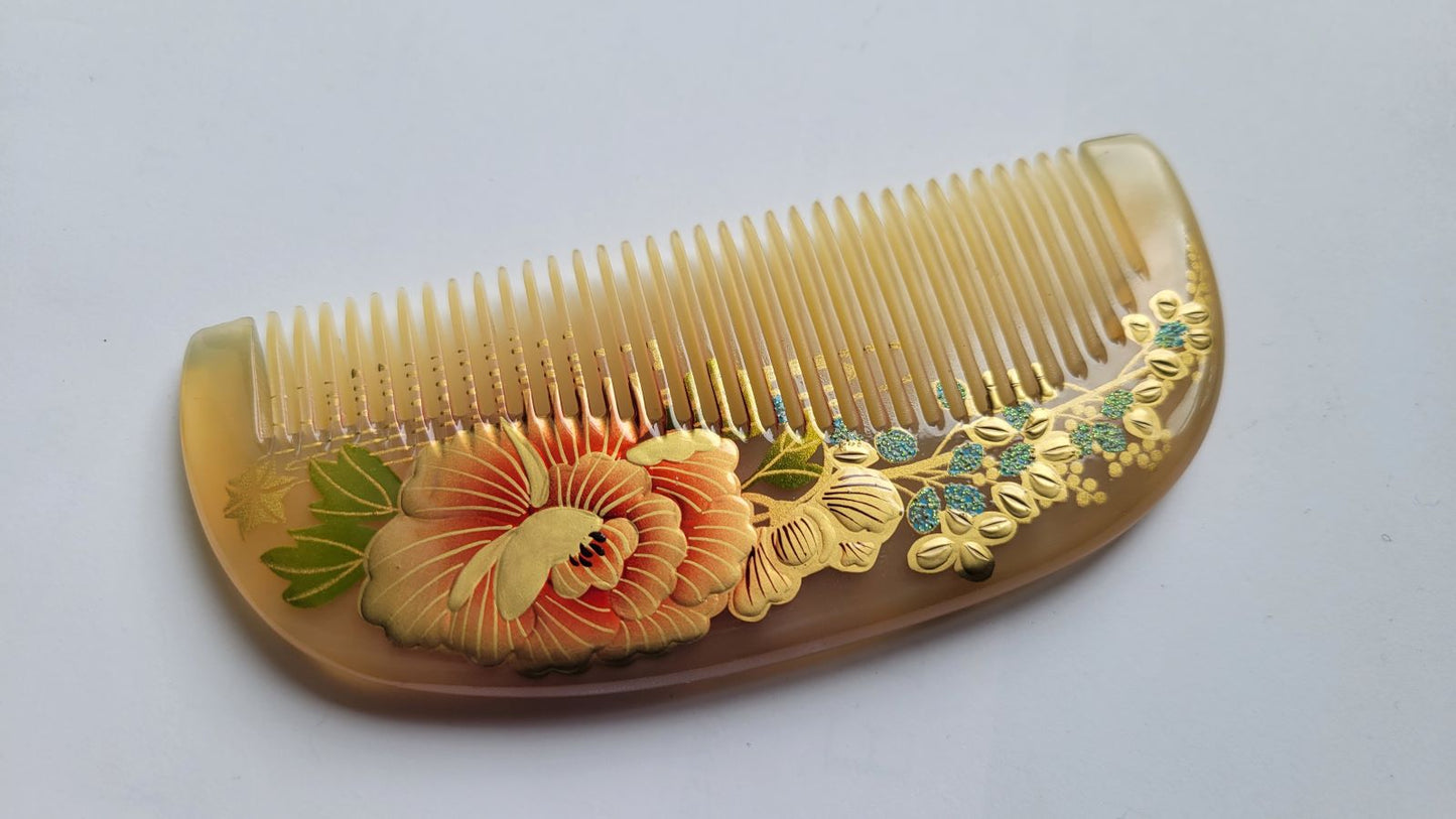 Natural lacquer peony sheep horn comb with drawstring gift bag, biodegradable horn, Mother's Day, birthday, and anniversary gift for her