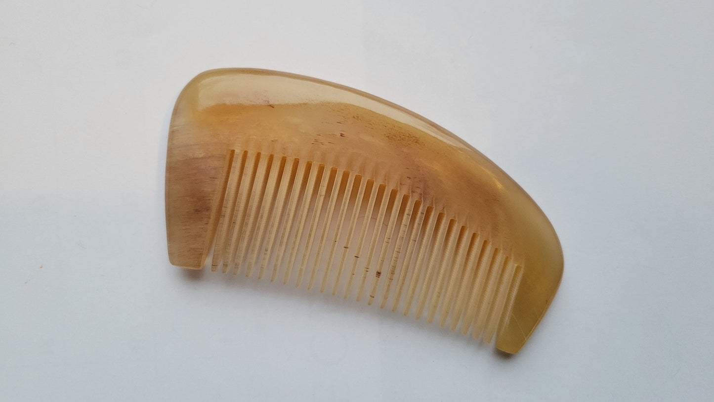 Pocket-sized sheep horn comb for women, 4.2 inch crescent body, scalp massage and hair grooming, self-care and wellness tool