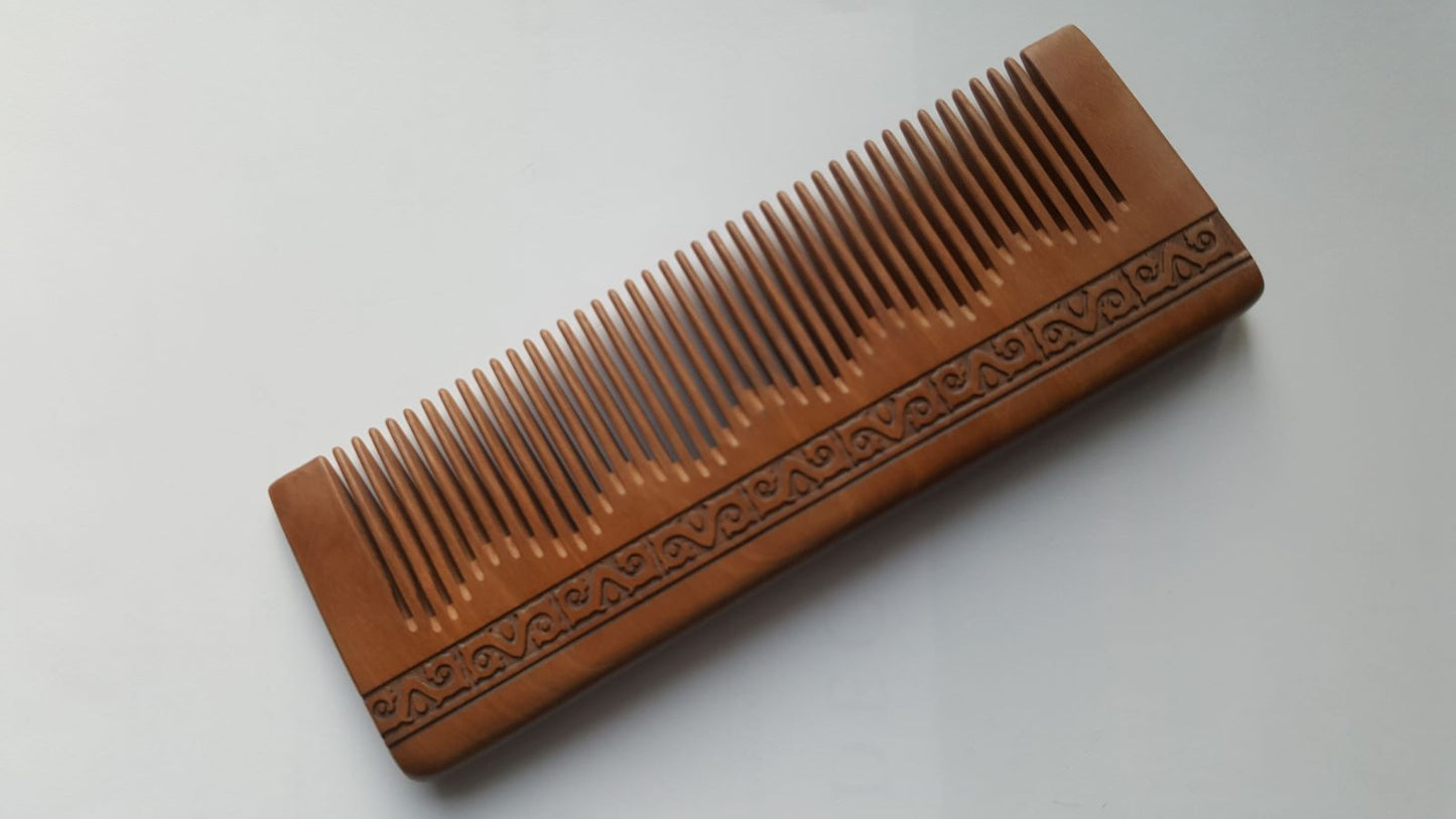 Fine tooth peach wood comb with engraved Greek meander border, 0.15 cm spacing for all hair types