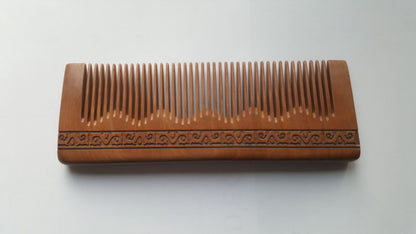  Handcrafted peach wood comb with meander spiral detail, rounded teeth for snag-free beard and hair grooming