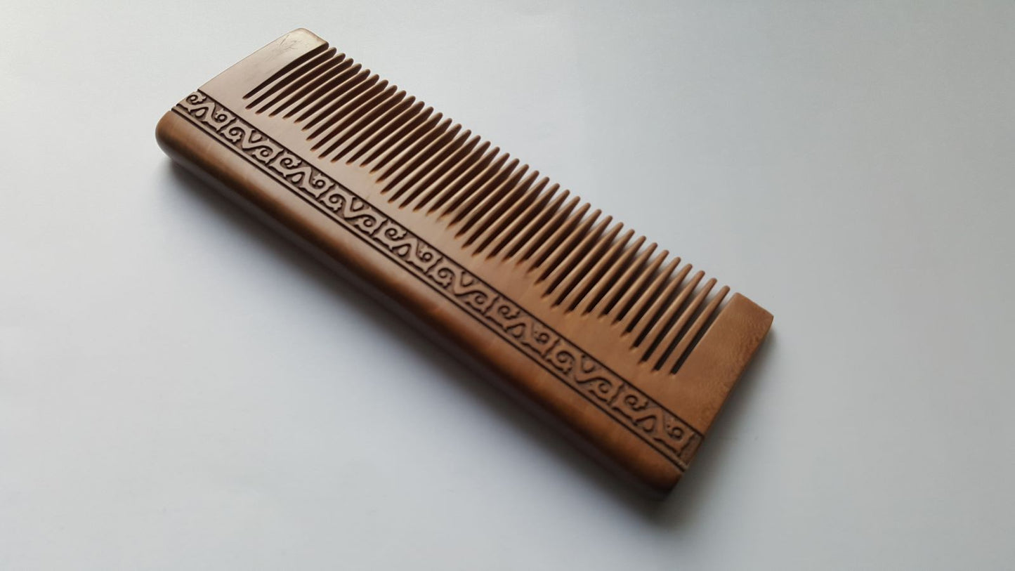 Peach wood gift comb with Greek meander carving, comes with drawstring bag, birthday and Father's Day gift idea