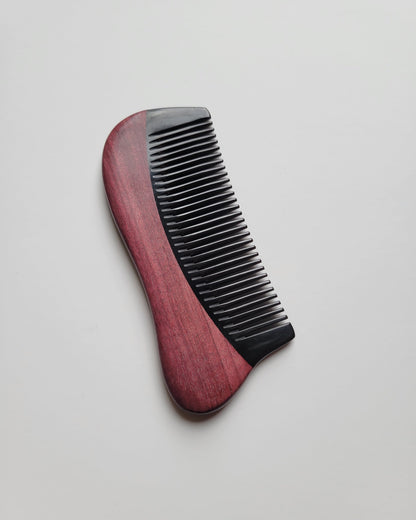 Hand inlaid Purple Heart wood and buffalo horn pocket comb, flat lay front view — Arakicrafts