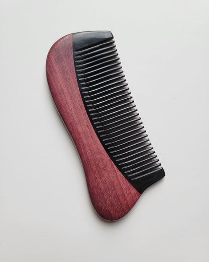 Green Sandalwood and buffalo horn beard comb with drawstring gift bag — a refined anniversary or holiday gift for him — Arakicrafts 