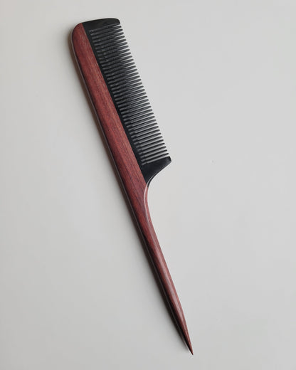 Hand-inlaid purple heart and buffalo horn rat tail comb, Latin American hardwood, precise hair parting and sectioning tool
