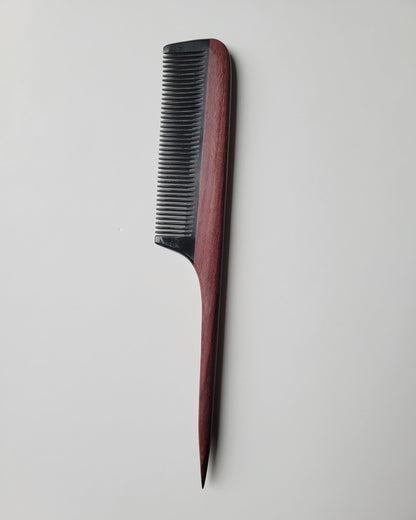 Purple heart wood rat tail comb for women, jewel-toned reddish-brown handle, anti-static buffalo horn teeth, hair and beard styling tool