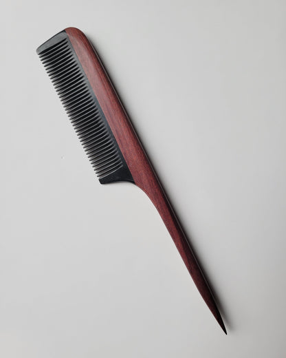 Purple heart wood and buffalo horn rat tail comb front view, slender rat tail tip for precise sectioning, anti-static fine tooth styling comb