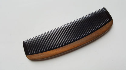 Slim fine tooth buffalo horn comb with Green Sandalwood handle, flat lay showing full silhouette — Arakicrafts