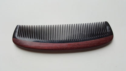 Handcrafted wood and horn comb, flat lay angled view of inlay craftsmanship — Arakicrafts