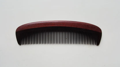Purple Heart wood and buffalo horn fine tooth comb, overhead flat lay, pocket beard comb for men, Valentine's Day and anniversary gift