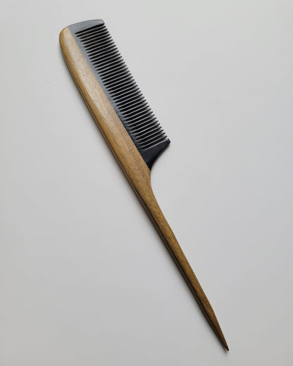 Fine tooth rat tail comb with 0.12 cm spacing, green sandalwood handle, precise hair sectioning and parting tool for all hair types
