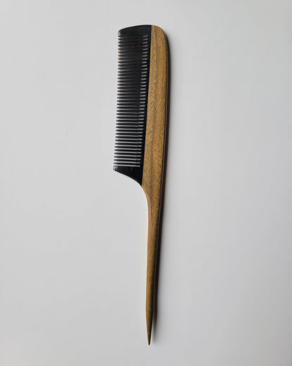 Aromatic green sandalwood rat tail comb with comfortable grip handle, anti-static buffalo horn teeth, distributes natural hair oils