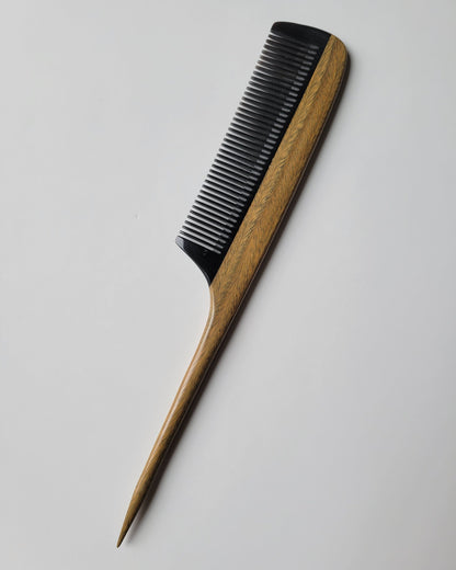 Green sandalwood and buffalo horn styling comb for women and men, rat tail tip for clean parting, beard and hair grooming tool 