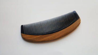 Classic Sandalwood Fine Teeth Horn Comb flat lay — angled view emphasizing green sandalwood color and fine horn tooth contrast