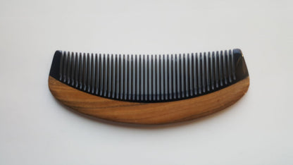 Classic Sandalwood Fine Teeth Horn Comb flat lay — diagonal angle showing natural wood grain and fine buffalo horn teeth