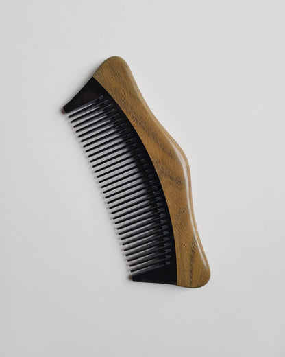 Hand inlaid Green Sandalwood and buffalo horn pocket comb, flat lay front view — Arakicrafts