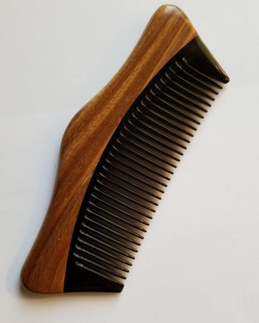 Green Sandalwood and buffalo horn inlaid comb, flat lay side angle highlighting material contrast — Arakicrafts